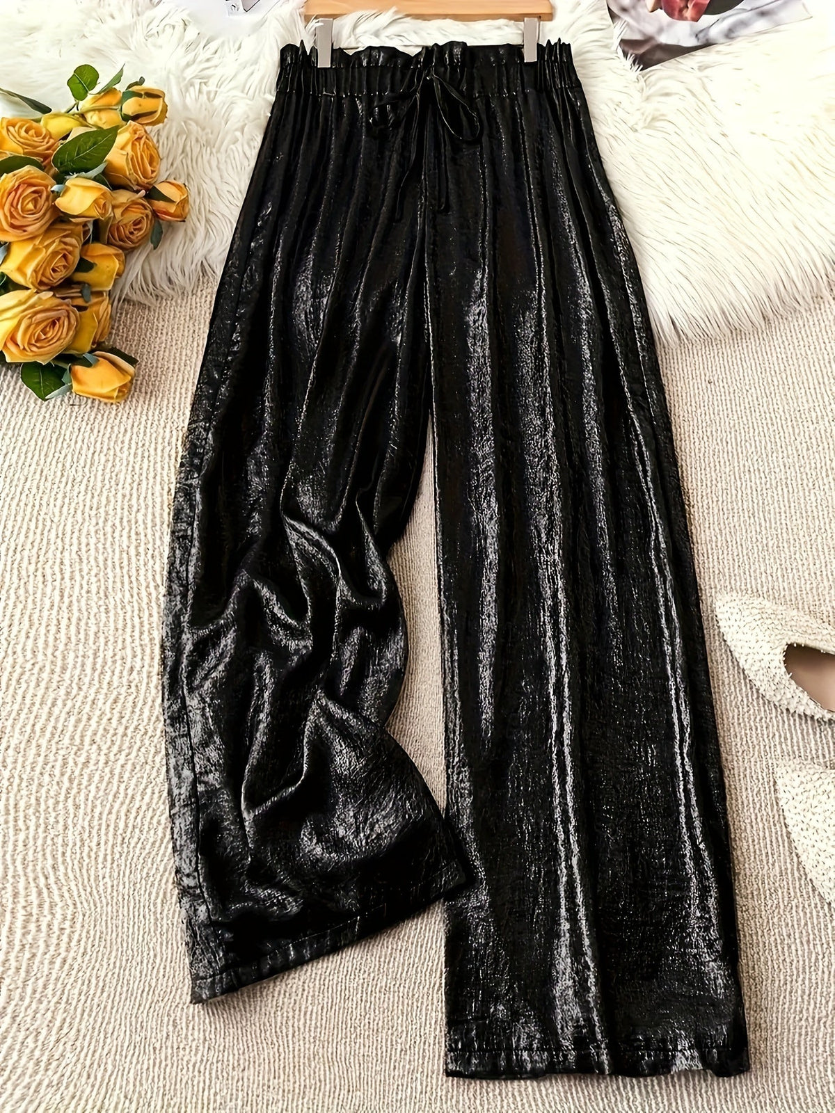 Women's Elegant Golden Velvet Wide Leg Pants, Solid Color, Long Length, Casual Loose Fit