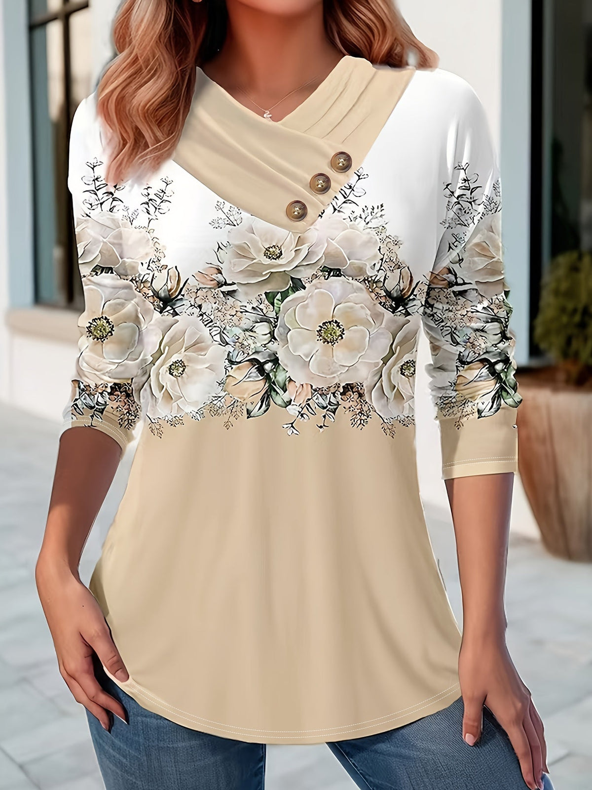 Floral Print Surplice Neck Button T-Shirt, Casual Long Sleeve T-Shirt