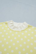 Yellow Polka Dot Print Color Block Trim Mock Neck Short Set