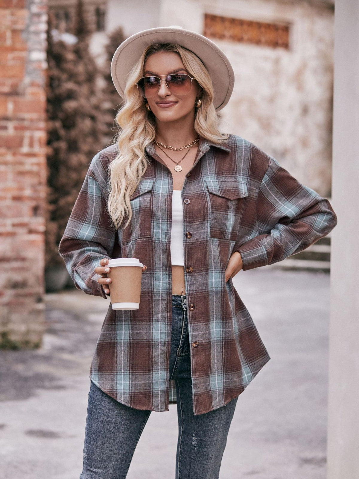 Plaid Print Polo Collar Button Shirt, Casual Long Sleeve Shirt