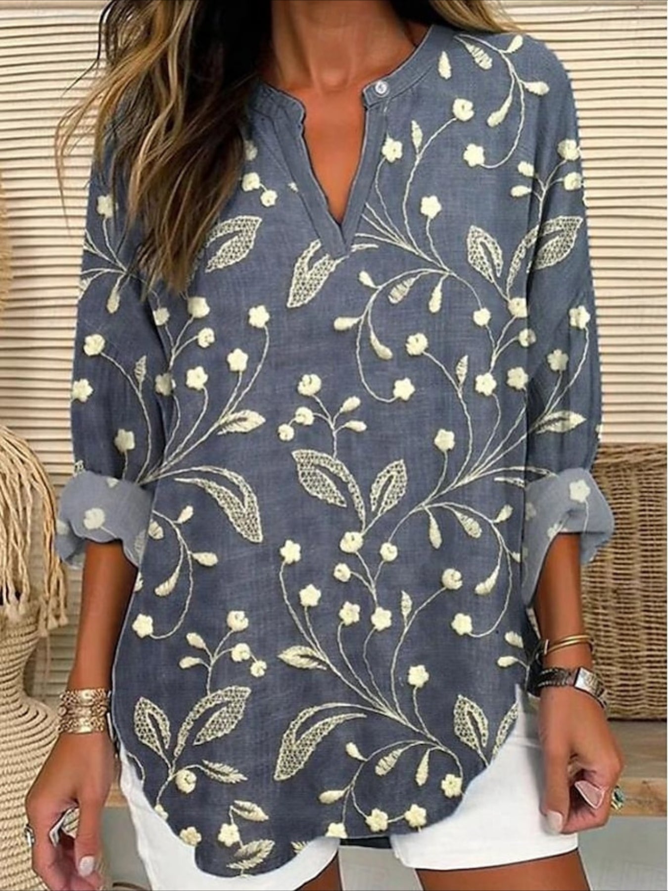 Floral Basic Casual Long Sleeve V Neck Regular Tops