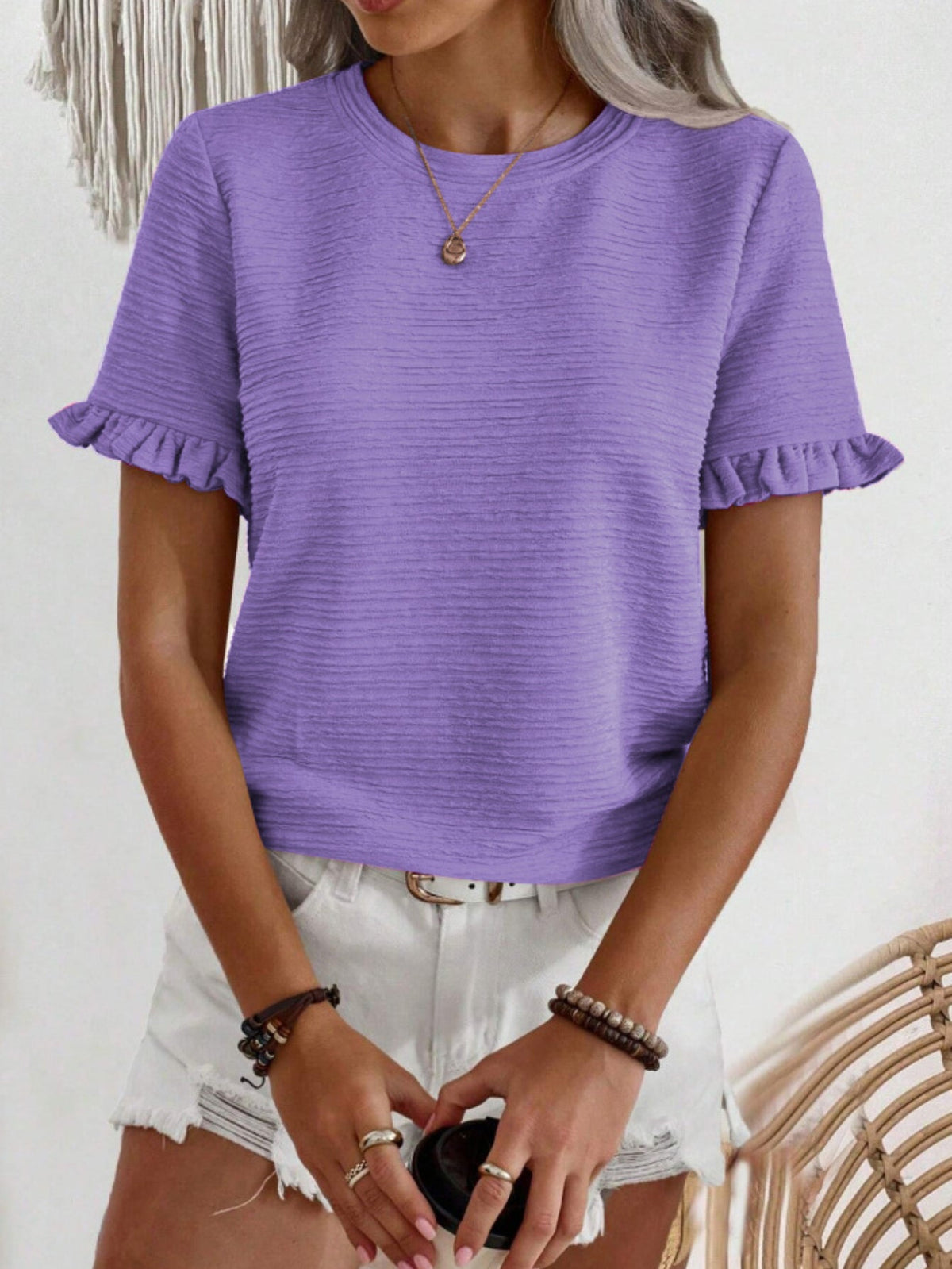 Solid Color Textured Crew Neck T-Shirt, Elegant Ruffle Trim Short Sleeve T-Shirt
