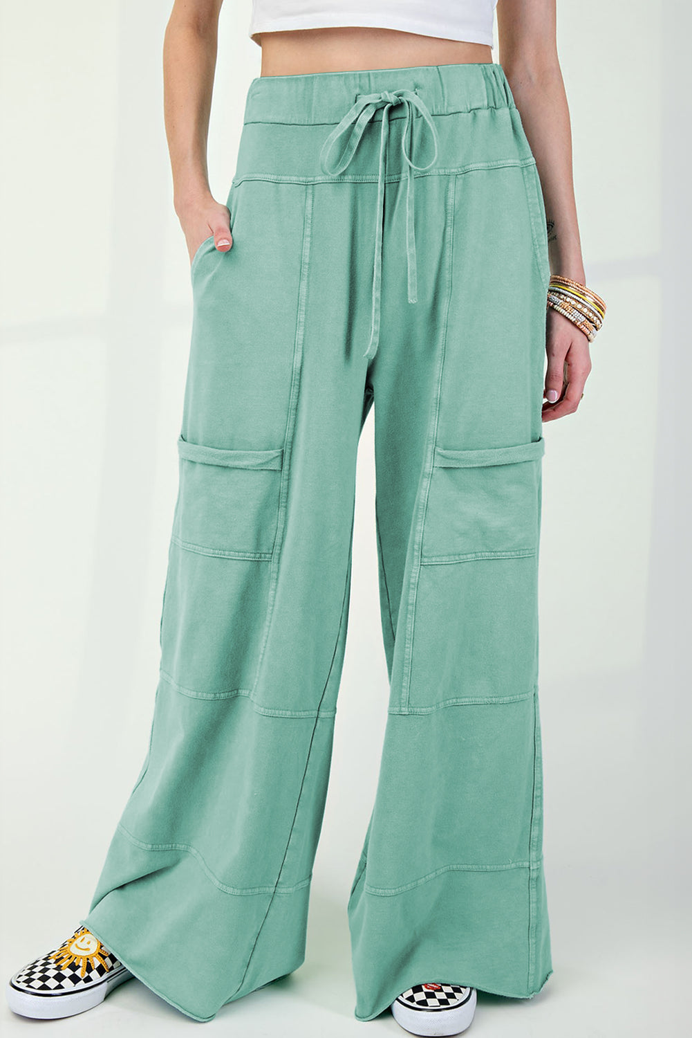 Mint Green Mineral Wash Exposed Seam Drawstring High Waist Wide Leg Cargo Pants