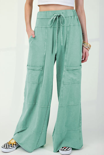 Mint Green Mineral Wash Exposed Seam Drawstring High Waist Wide Leg Cargo Pants