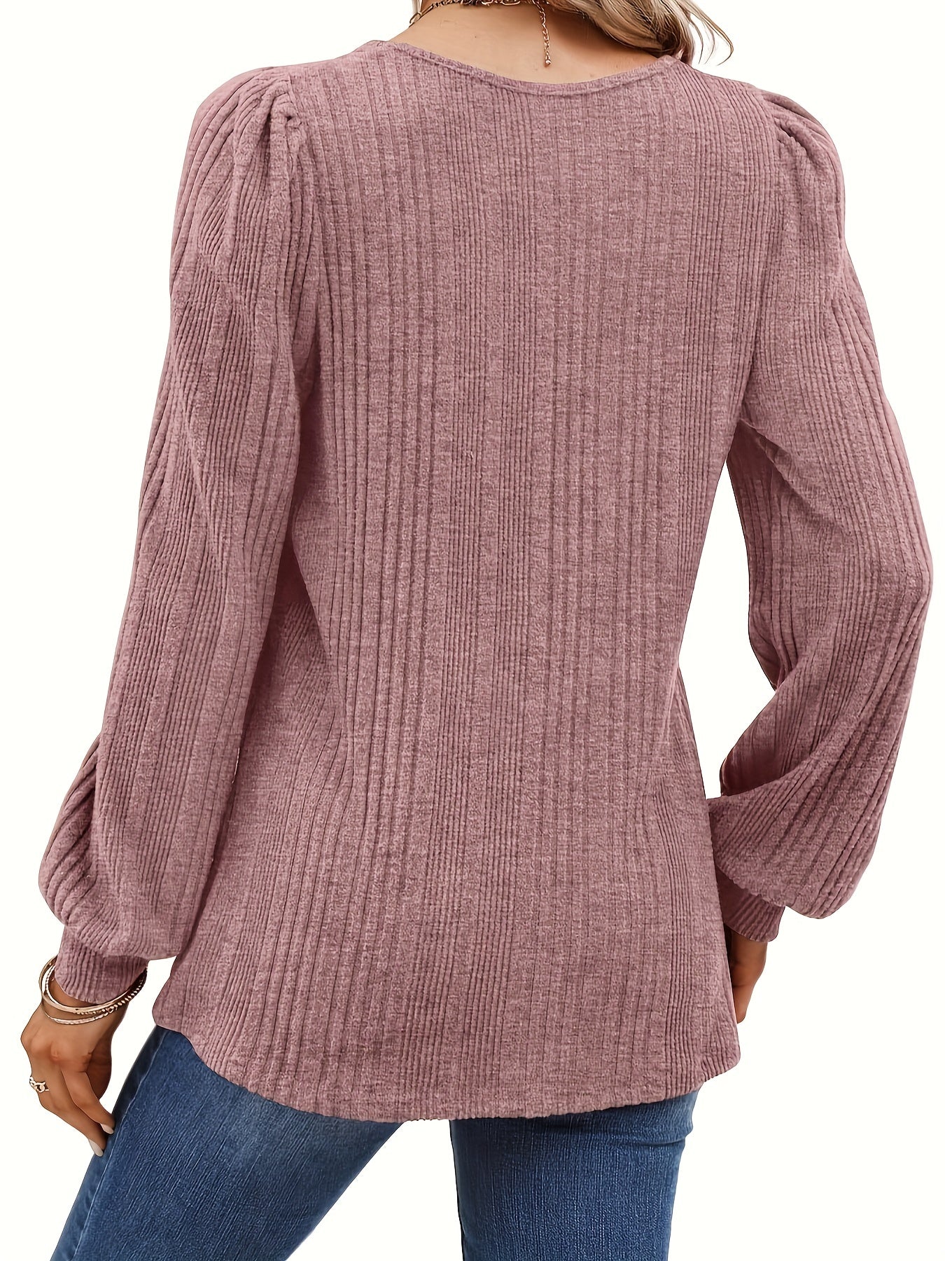 Solid Square Neck Rib Knit Top, Elegant Long Sleeve Sweater