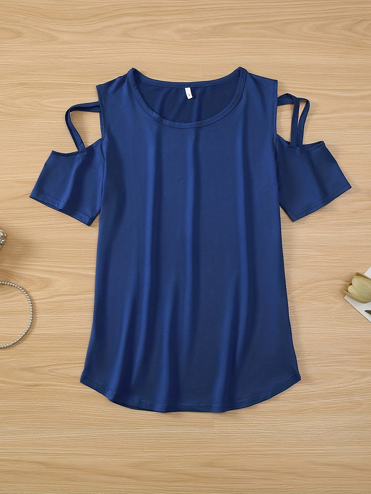 Solid Cold Shoulder T-shirt, Casual Crew Neck Short Sleeve T-shirt