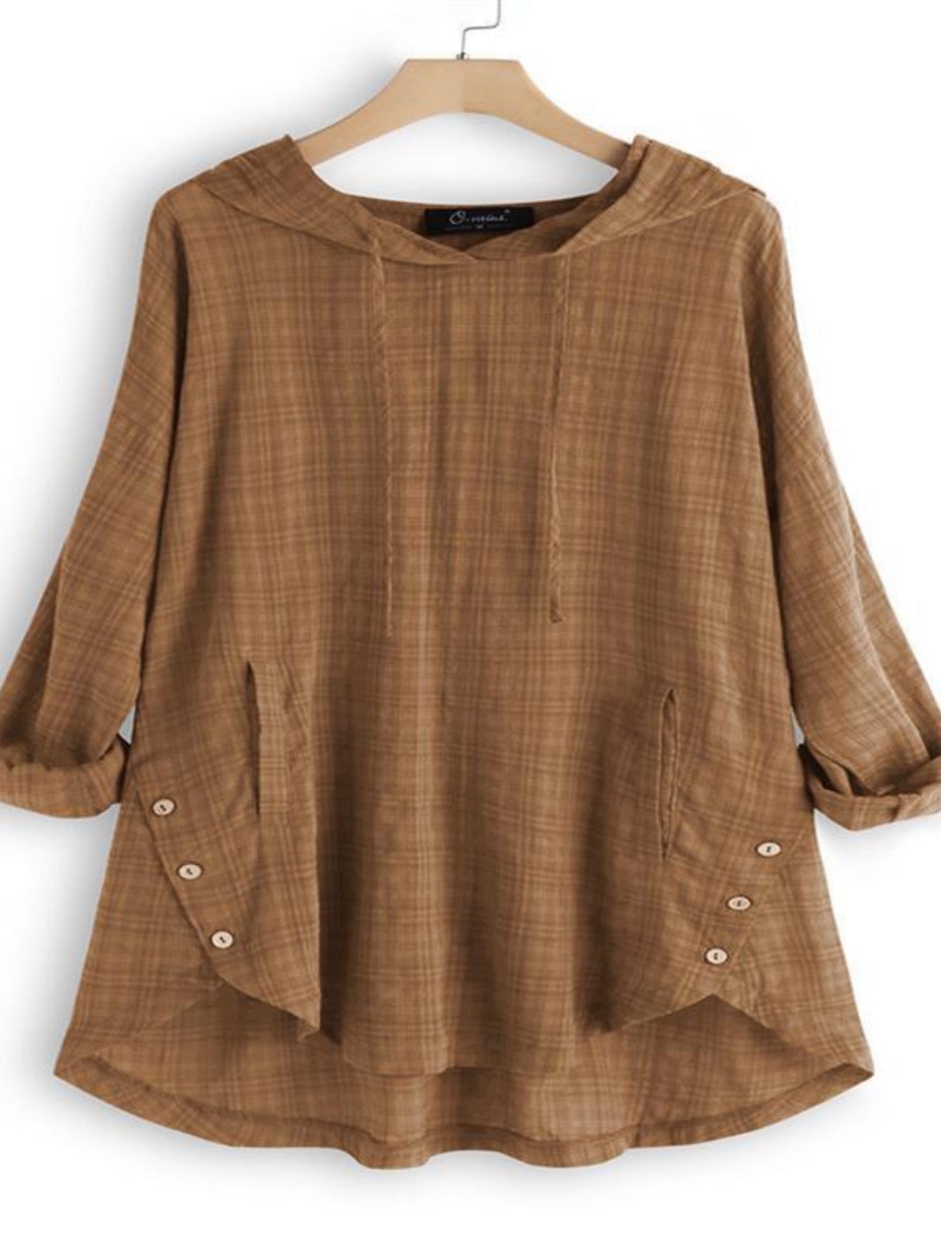 Elegant Hooded Plaid Blouse for Women - Long Sleeve Shirt with Drawstring Detail