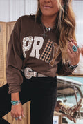 Coffee Floral Buffalo Plaid Striped Embroidered Patch Western Pullover Sweatshirt