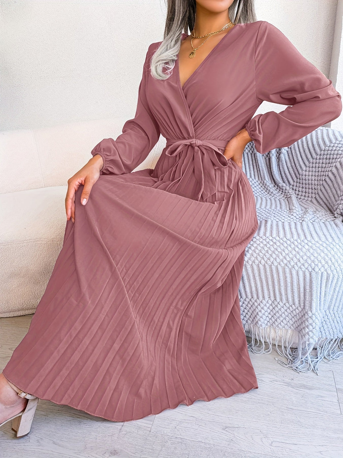 Pleated Surplice Neck Dress, Elegant Long Sleeve Solid Dress, Women's Clothing