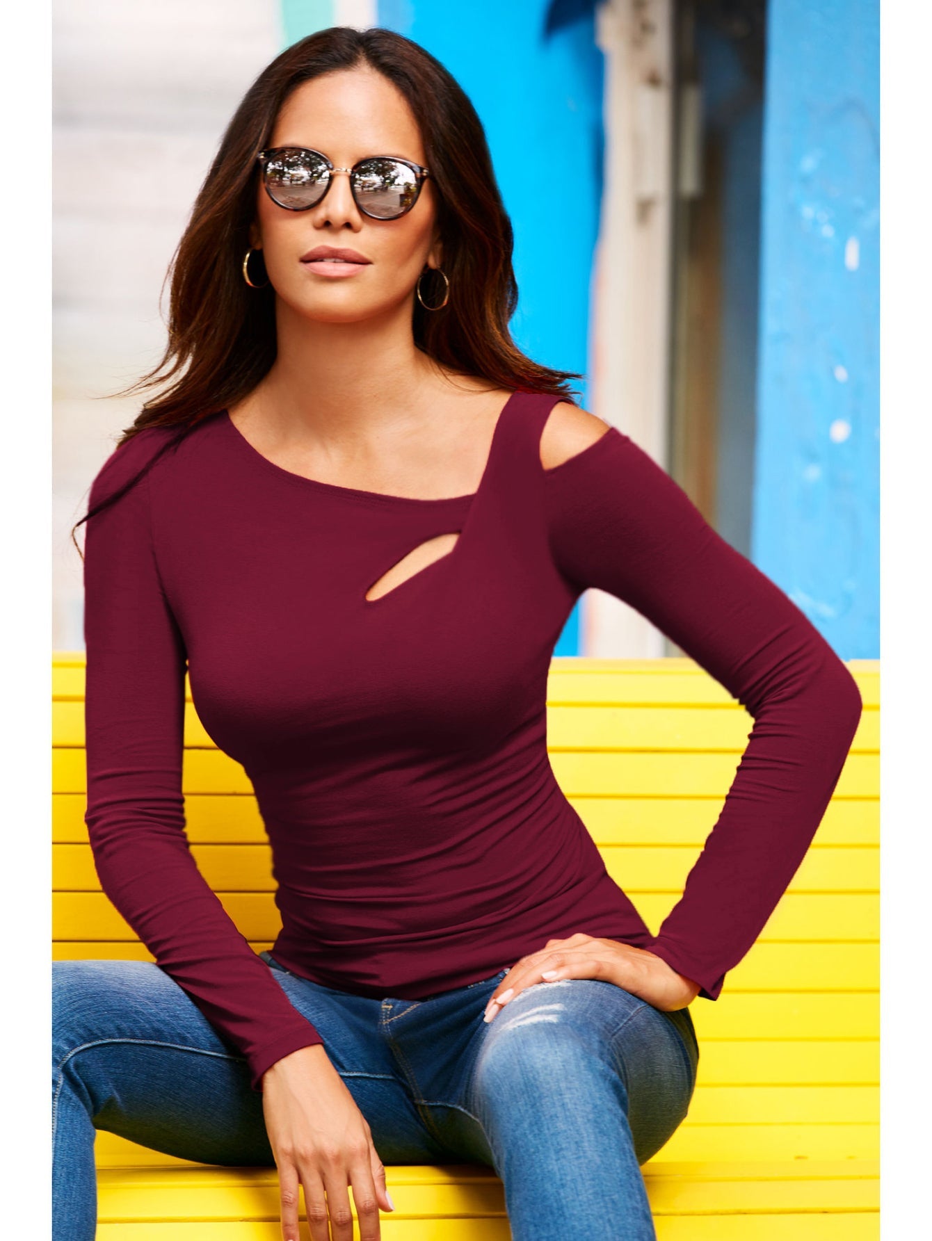 Chic Cold Shoulder Cut Out Asymmetrical Long Sleeve T-Shirt , Comfortable Casual Wear