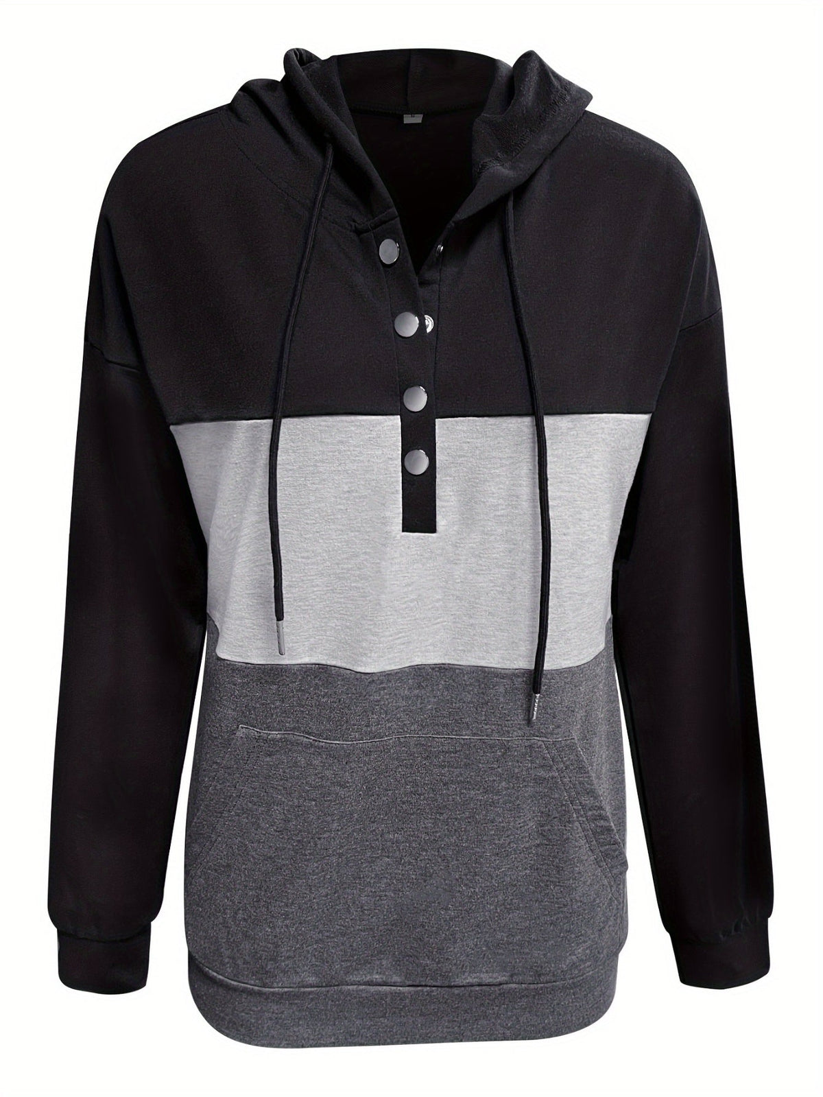 Color Block Button Drawstring Hoodie, Casual Long Sleeve Kangaroo Pocket Sweatshirt
