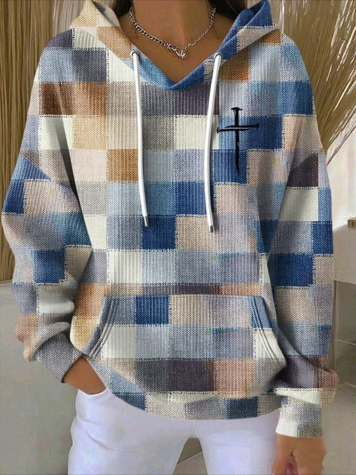 Contrast Stitching Printing Long Sleeve Pullover Hoodie Sweatshirt