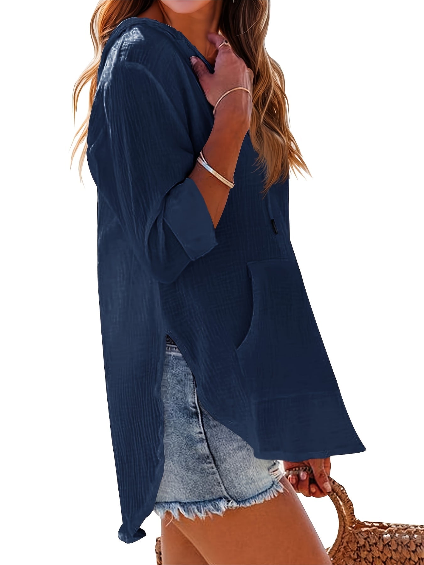 Long Sleeve V Neck Pocketed Hooded Sweatshirt