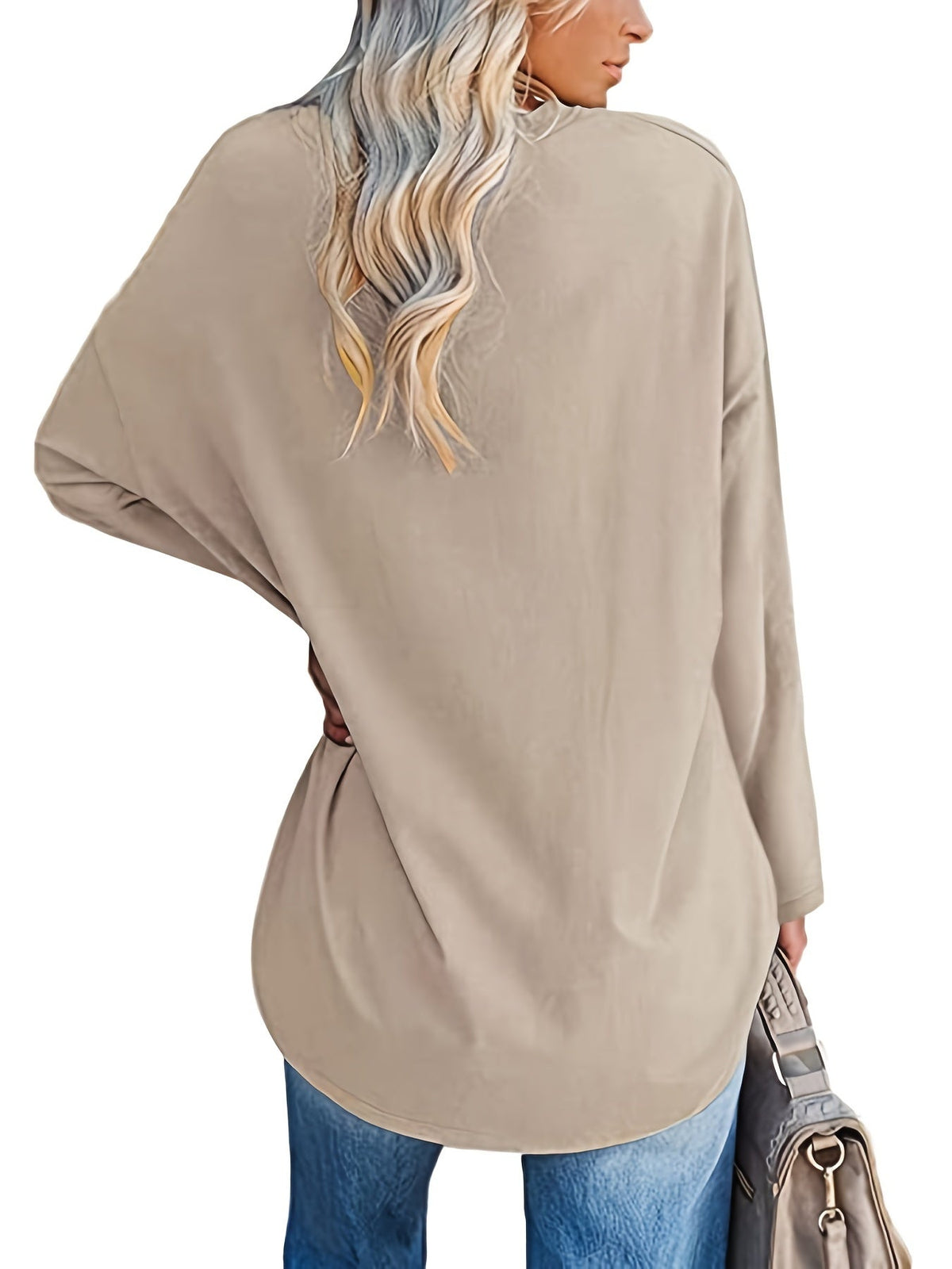 Women's Solid Color Oversized Tops, V-Neck Long Sleeve T-Shirts, Casual Loose Shirts