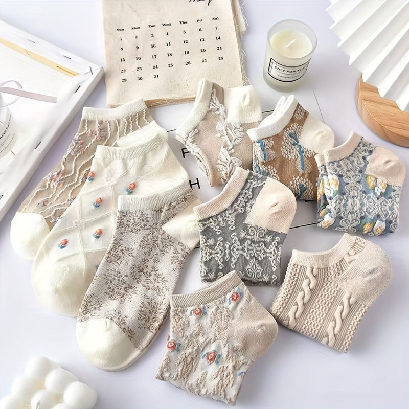 9 Pairs Floral Print Socks, Retro Style Soft & Lightweight Low Cut Ankle Socks