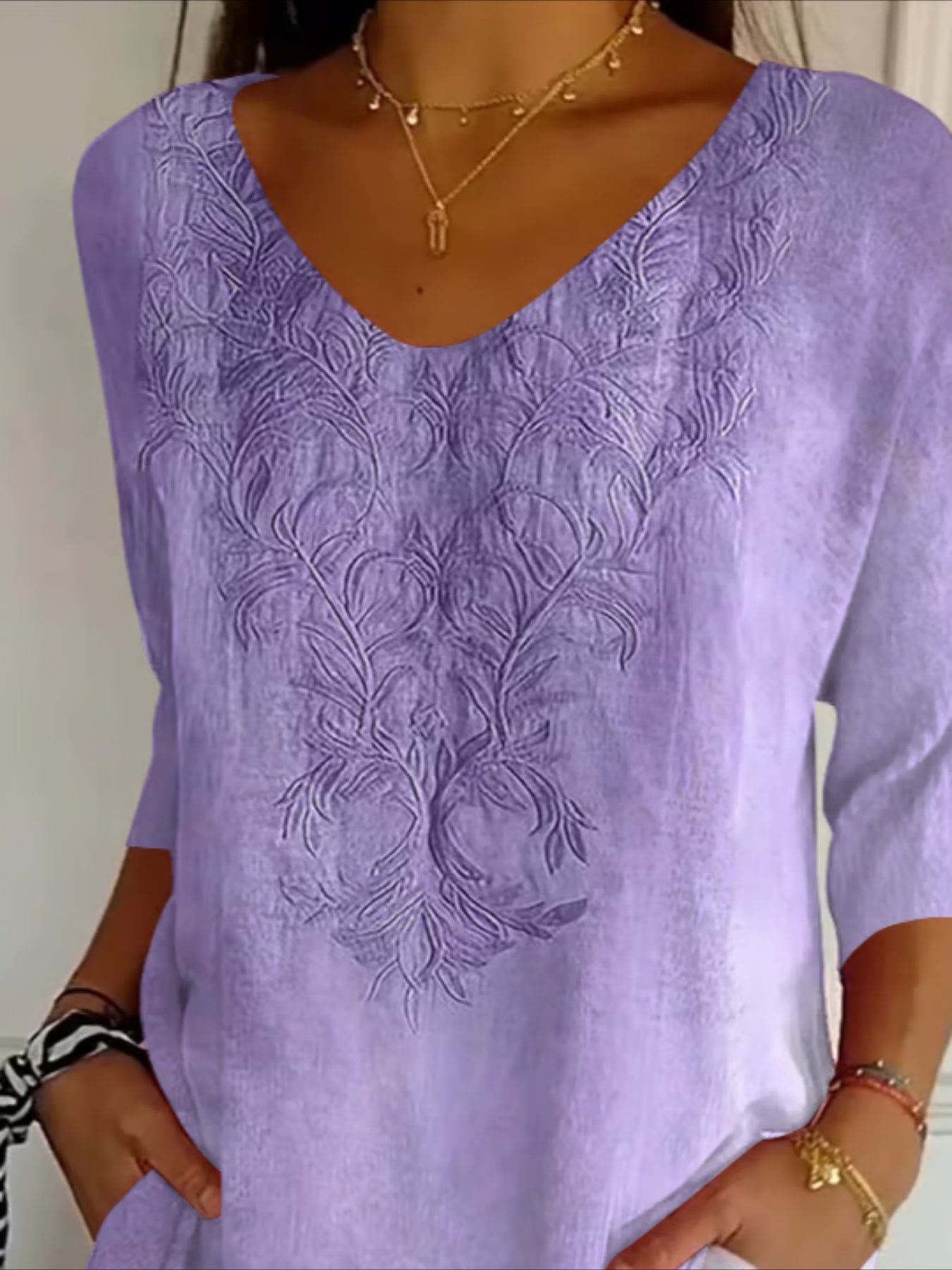 Floral Three Quarter Sleeve Tee T-shirt V Neck Printing Casual Spring/Fall Graphic Tee Top