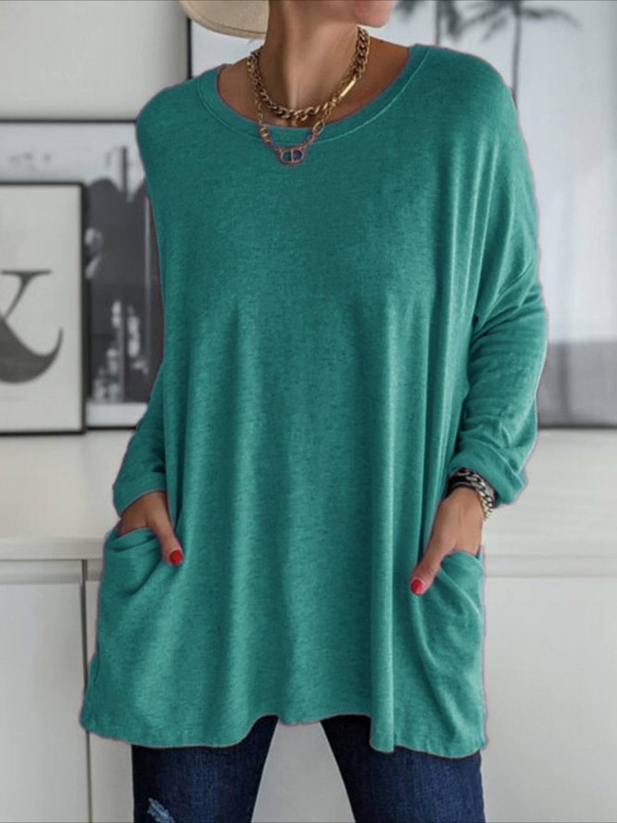 Solid Color Pocket Long Sleeve Crew Neck Top