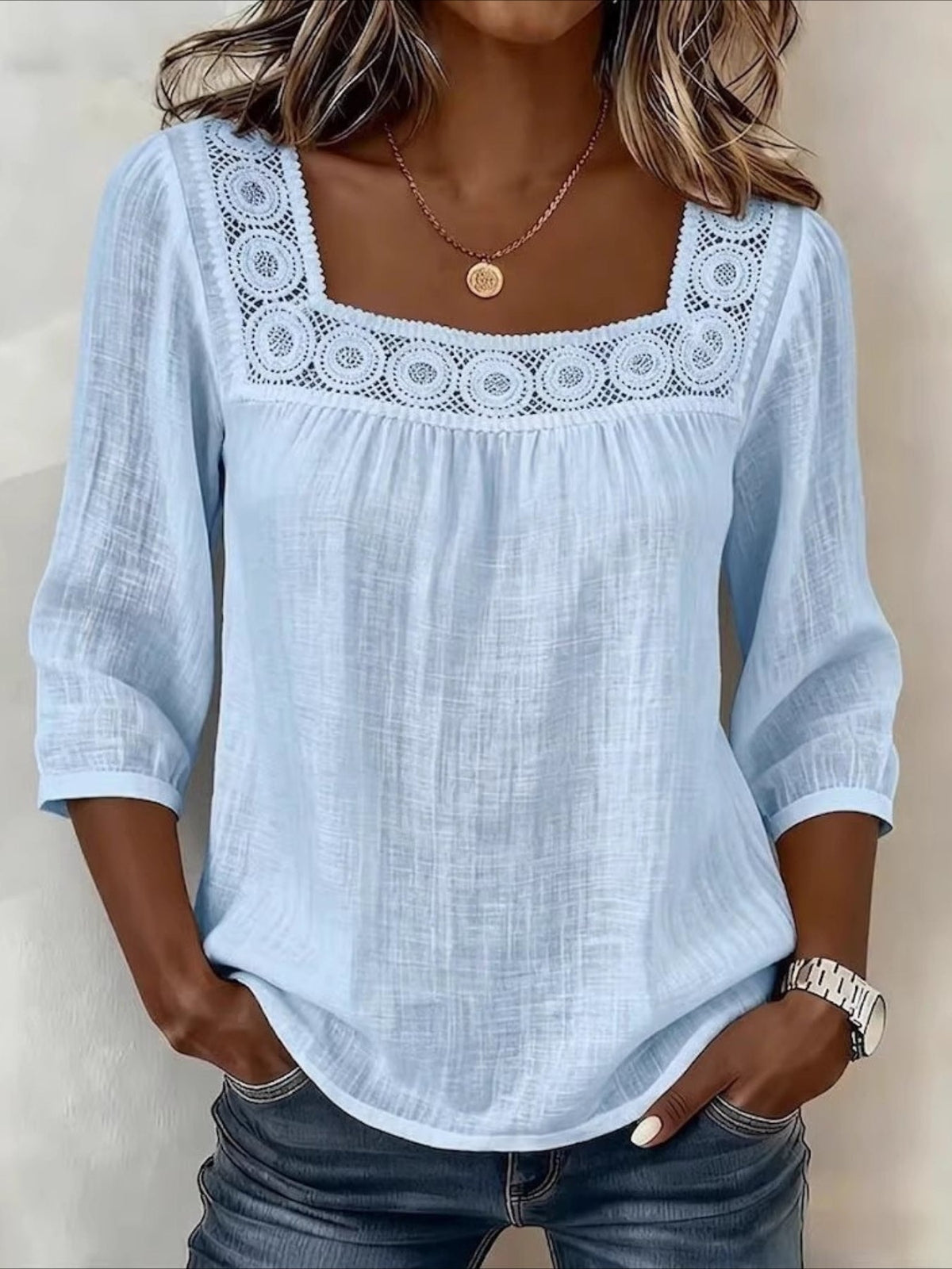 Linen Blend Square Neck Loose Elegant Blouse