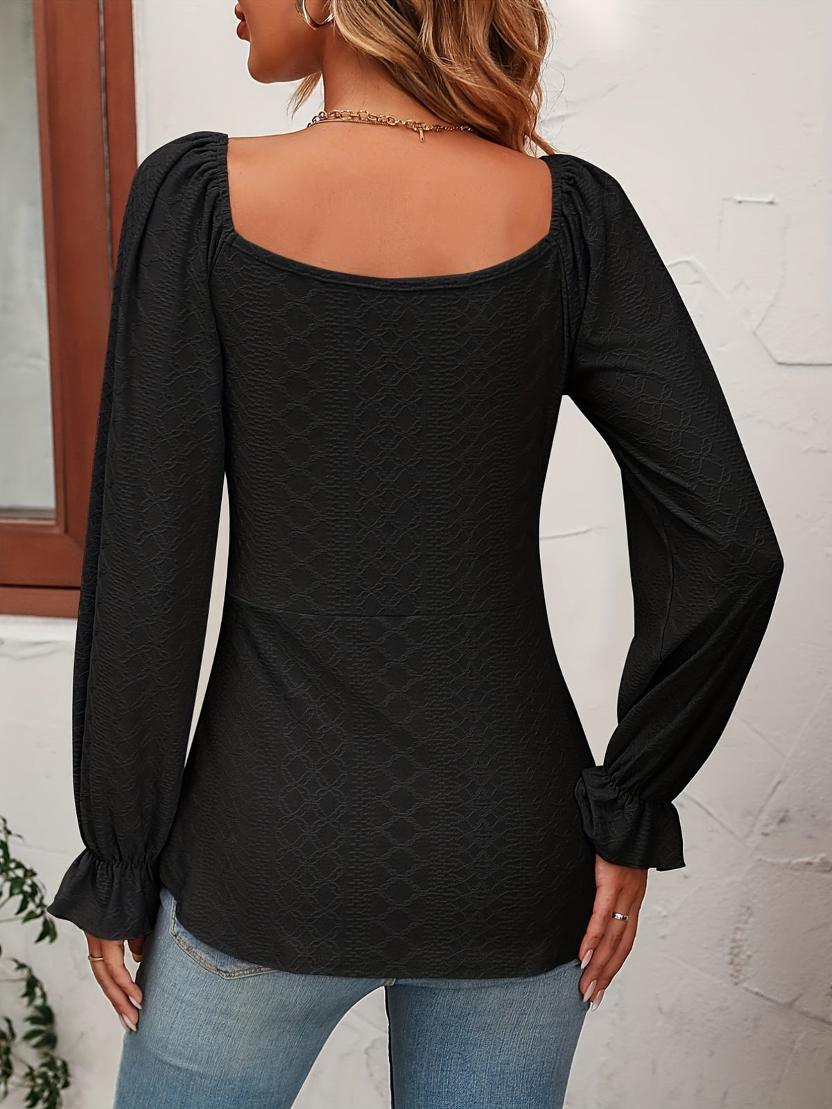 Jacquard Drawstring Front V Neck T-Shirt, Casual Long Sleeve Top