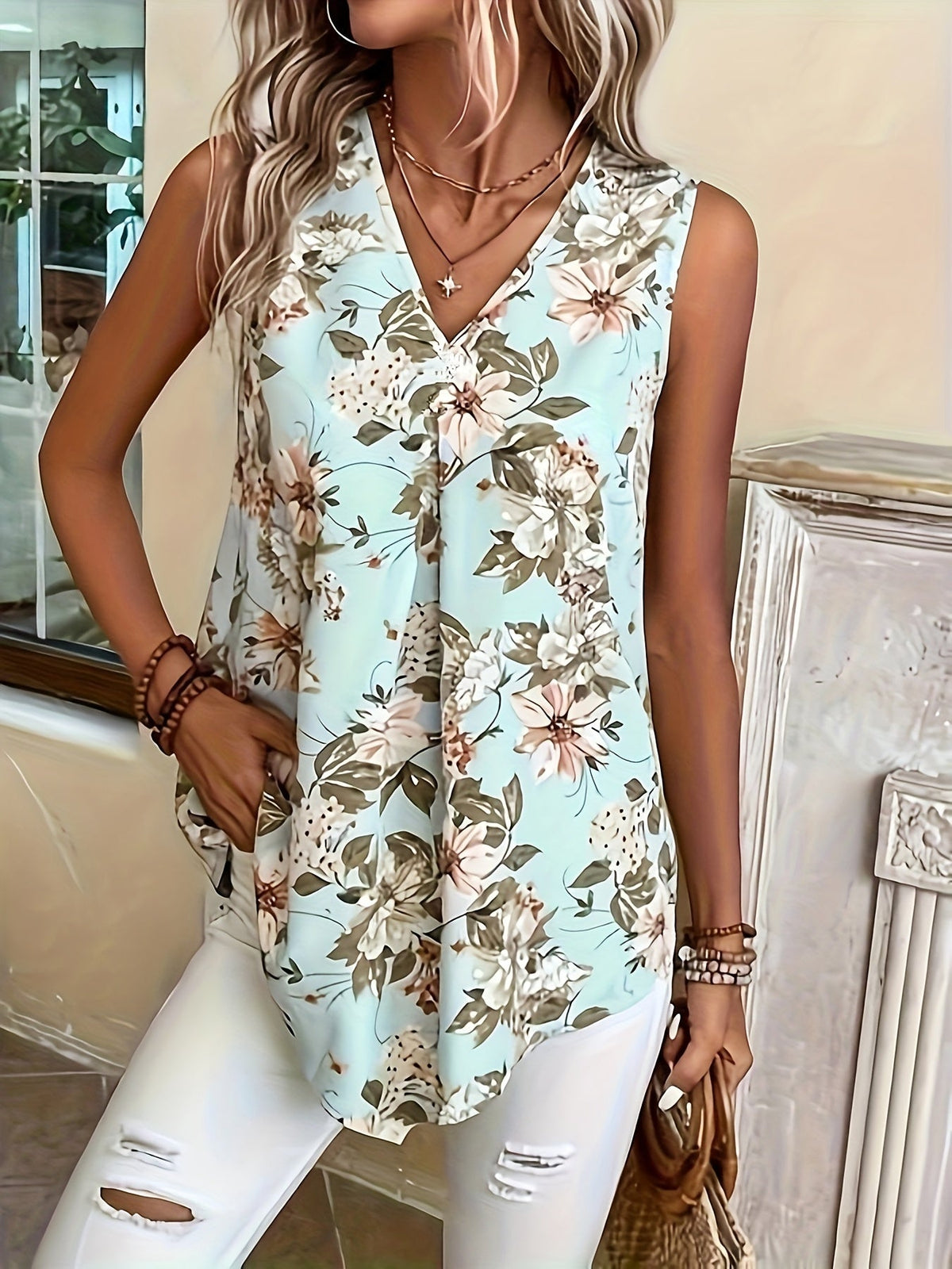 Floral Print V-neck Tank Top, Versatile Sleeveless Loose Vacation Style Top