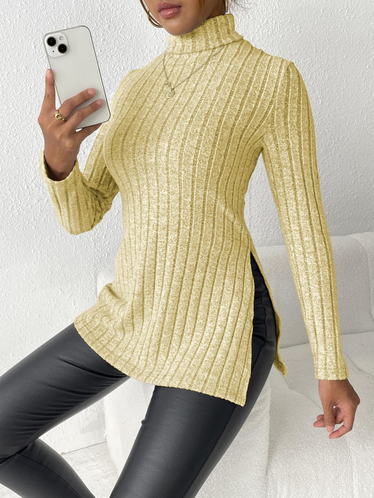Solid Turtle Neck Rib Knit Top, Casual Long Sleeve Split Top