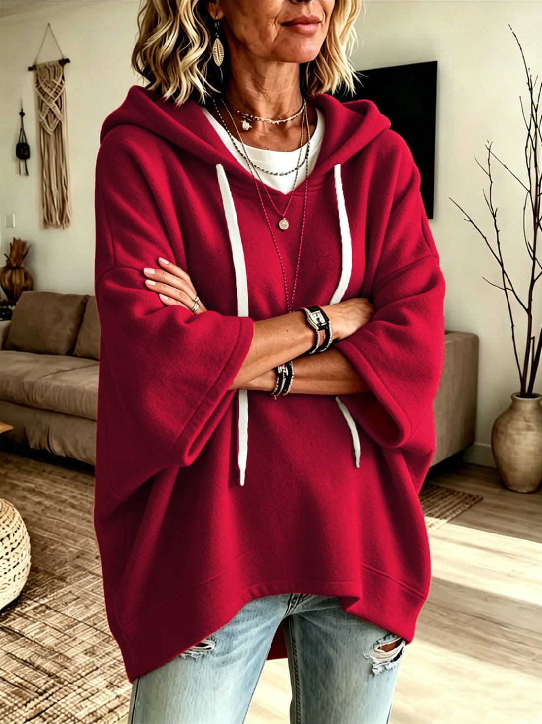 Loose 3/4 Sleeve Hooded Drawstring Bat-sleeved Sweatshirt