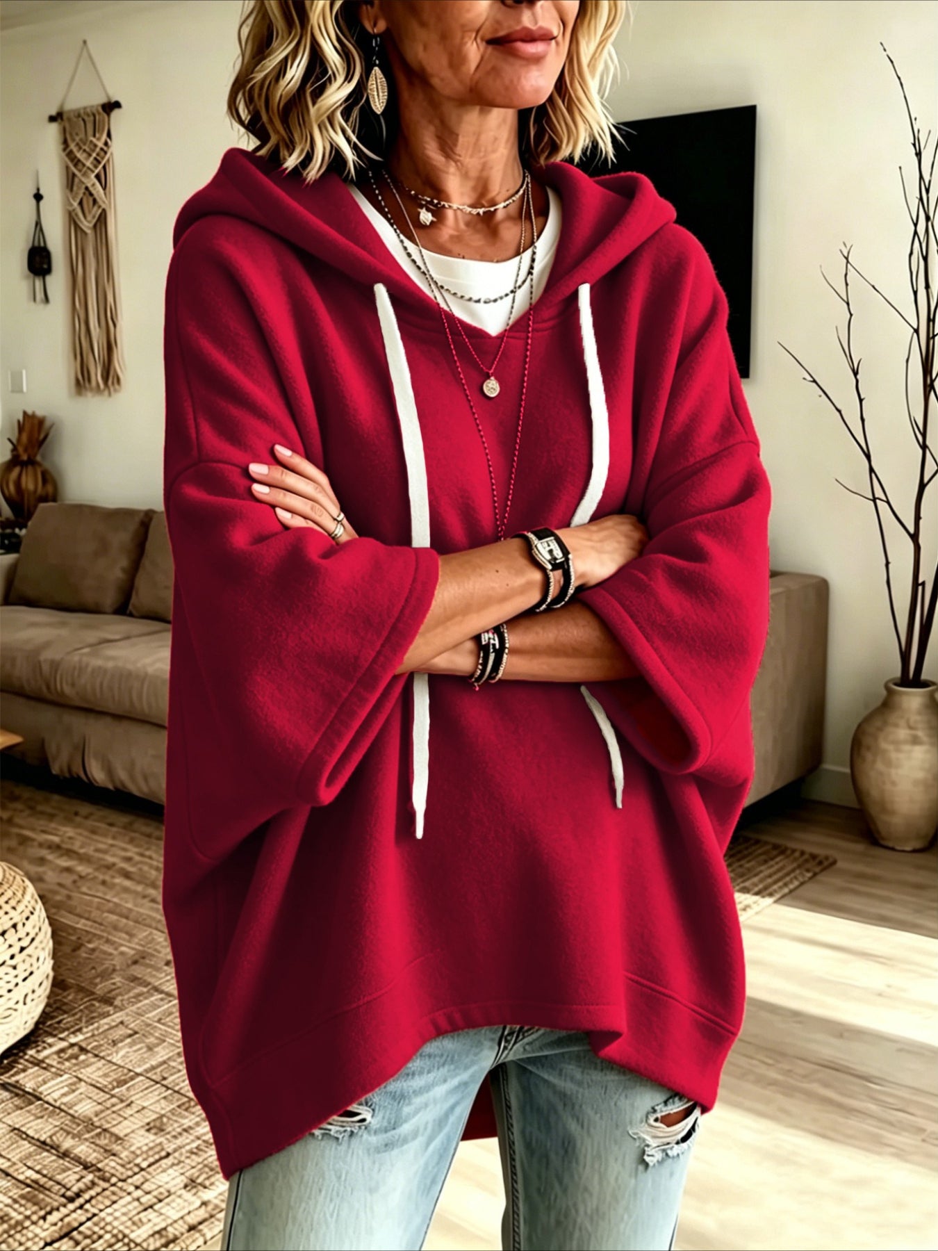 Loose 3/4 Sleeve Hooded Drawstring Bat-sleeved Sweatshirt