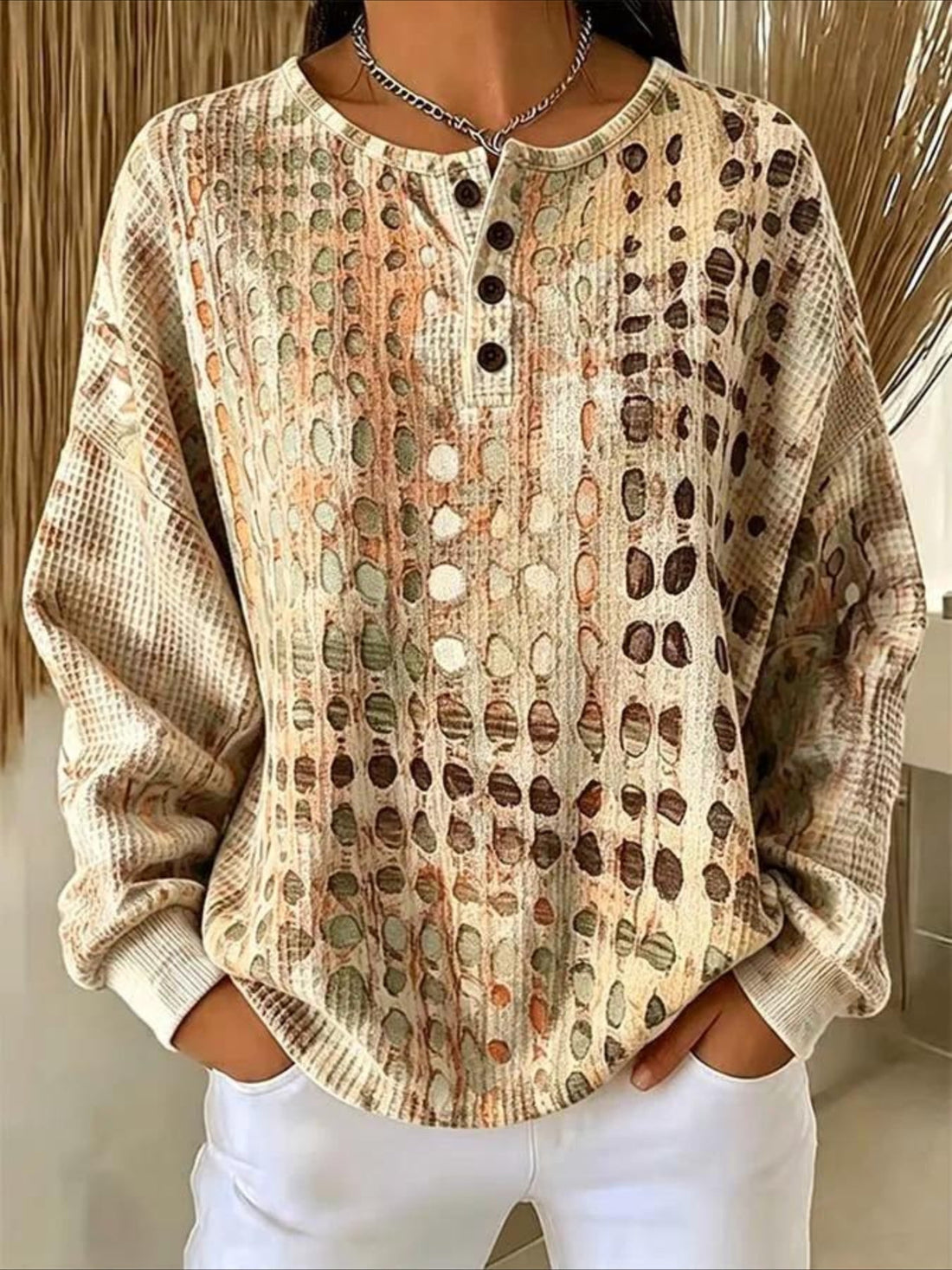 Polka Dots V Neck Long Sleeve Regular Tops