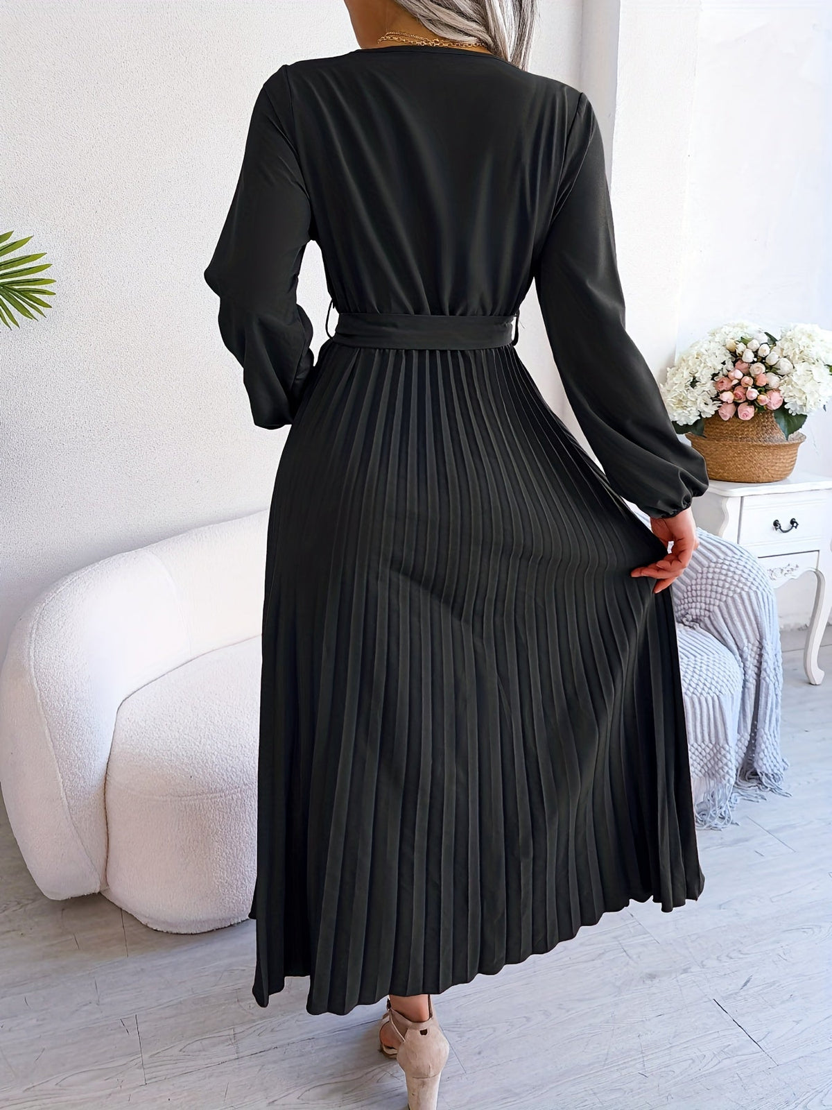 Pleated Surplice Neck Dress, Elegant Long Sleeve Solid Dress, Women's Clothing