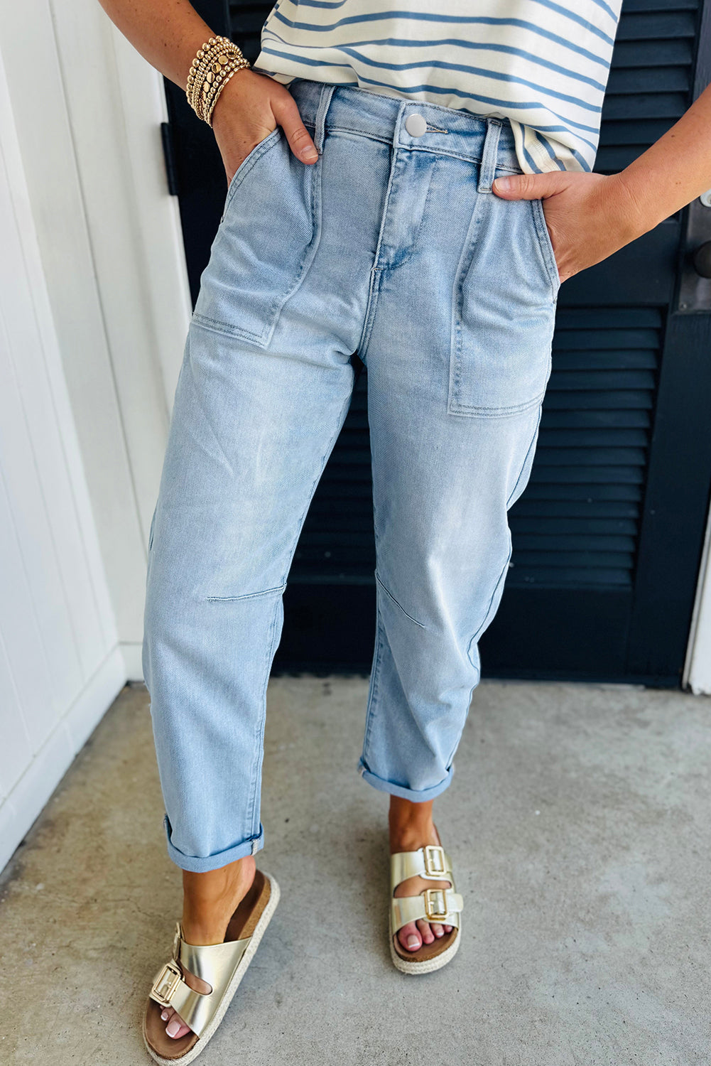 Beau Blue High Rise Barrel Relaxed Patch Pocket Jeans