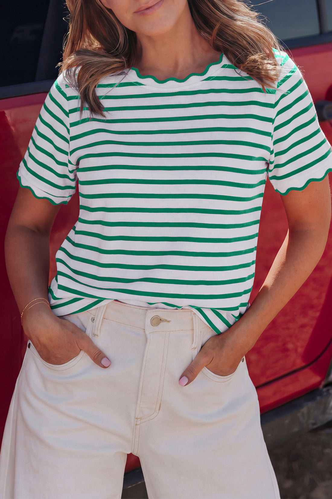 Green Stripe Scalloped Trim Round Neck T Shirt