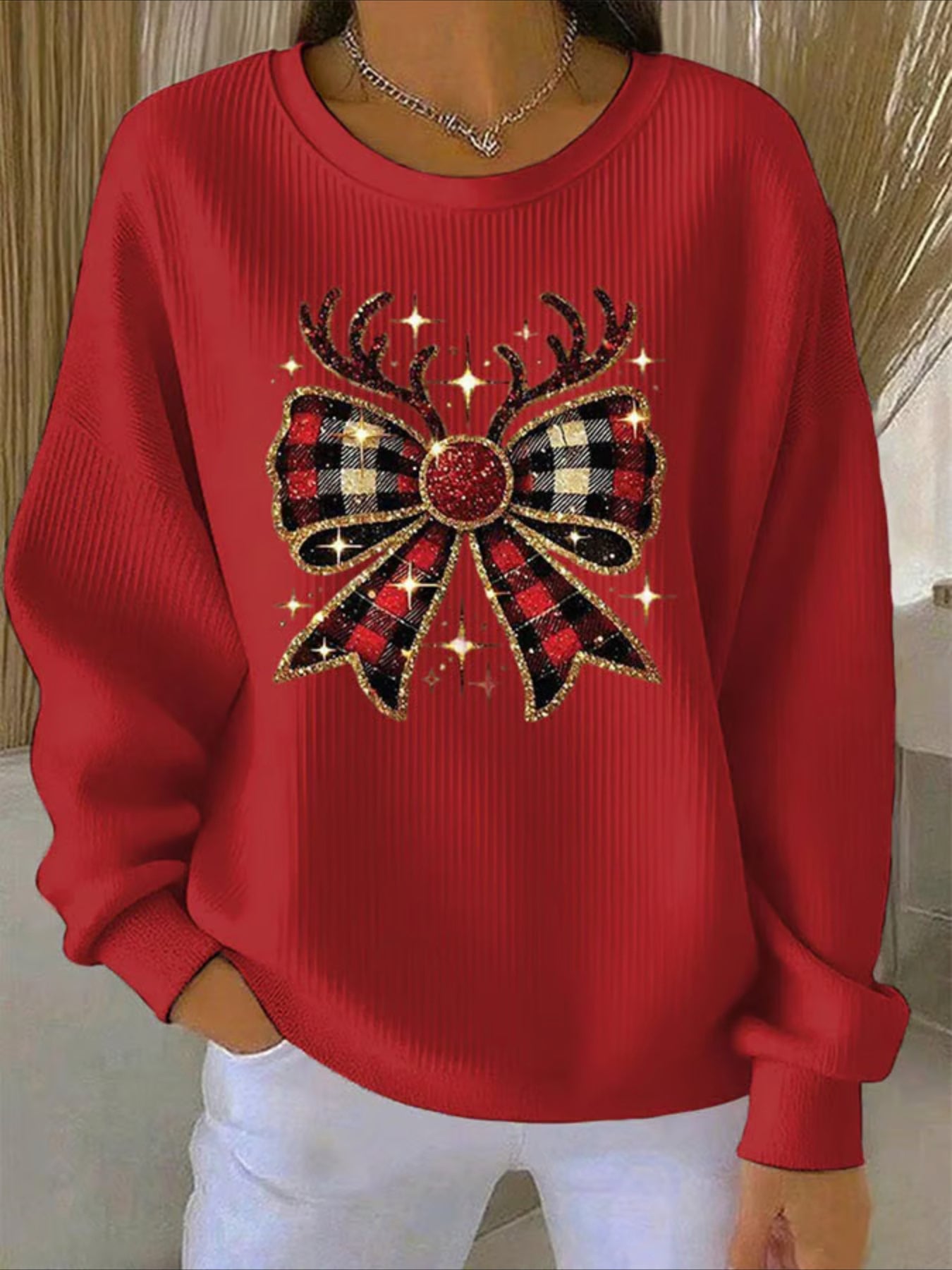 Christmas Printed Crew Neck Floral Long Sleeve Sweater Hoodie