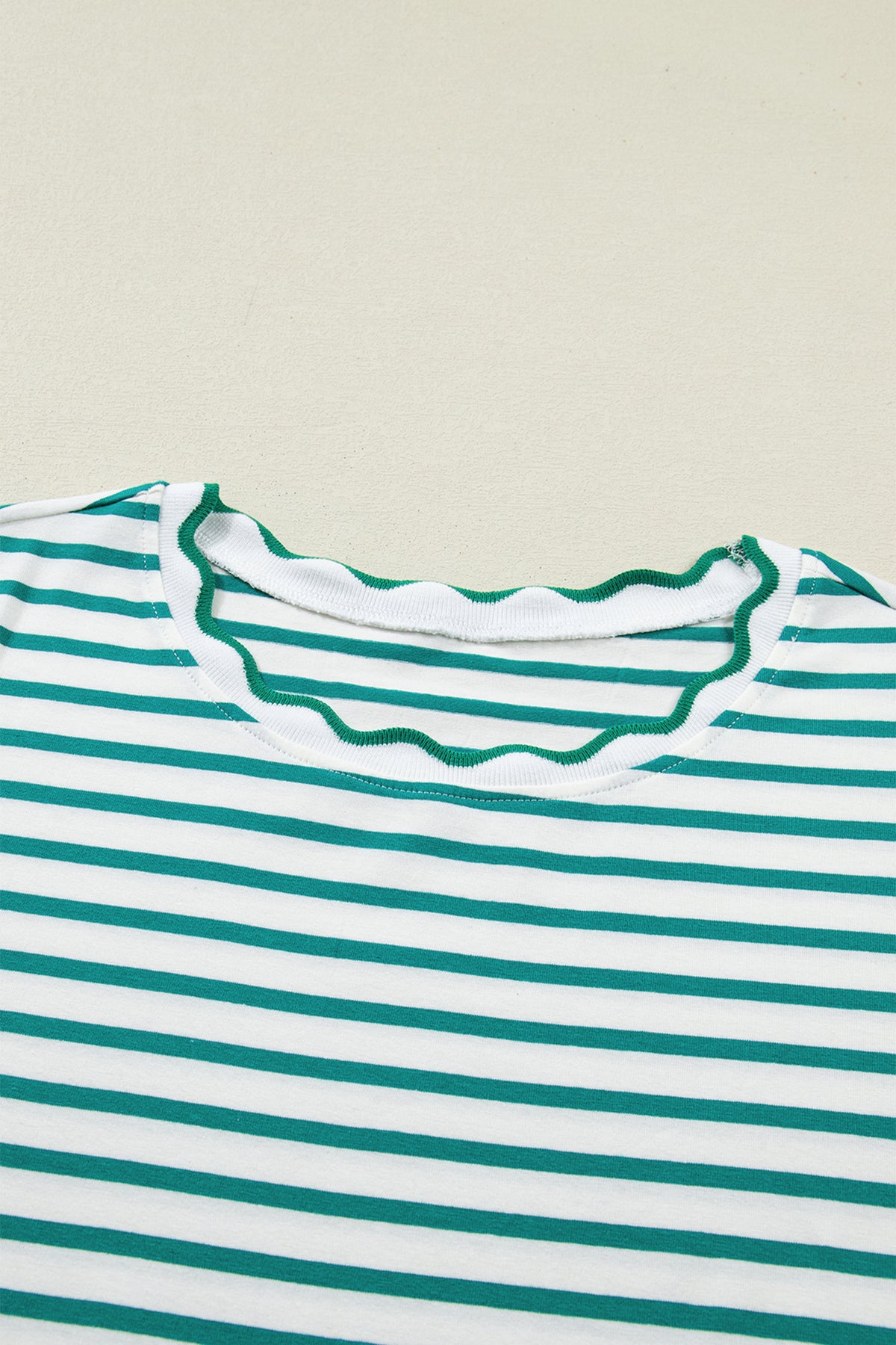 Green Stripe Scalloped Trim Round Neck T Shirt