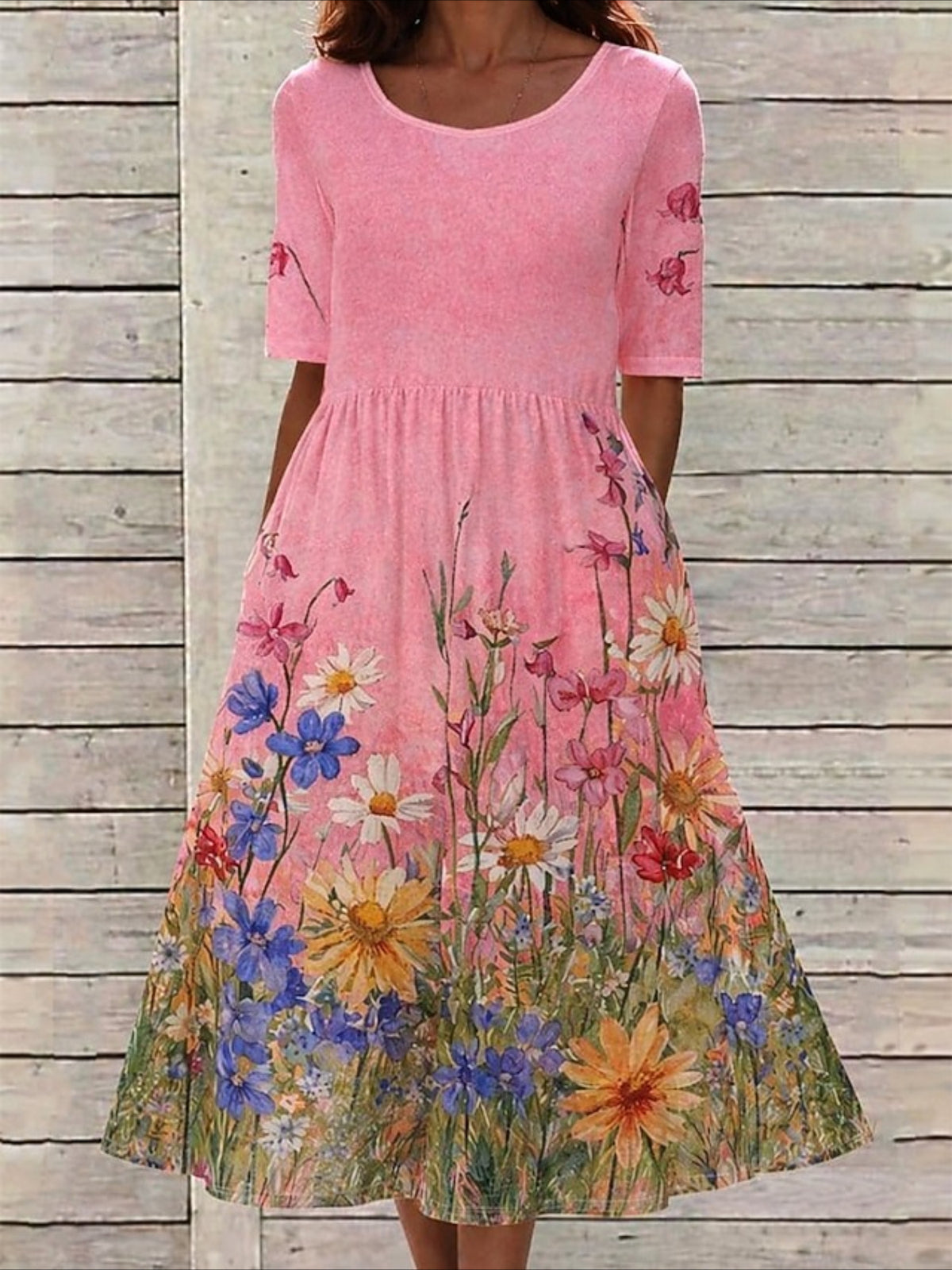 Floral Printed Crew Neck Short Sleeve Maxi Dress