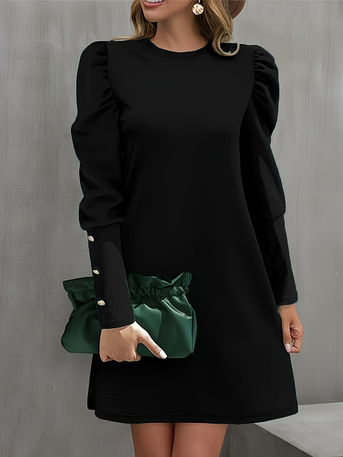 Solid Crew Neck Dress, Elegant Puff Sleeve Button Decor Dress