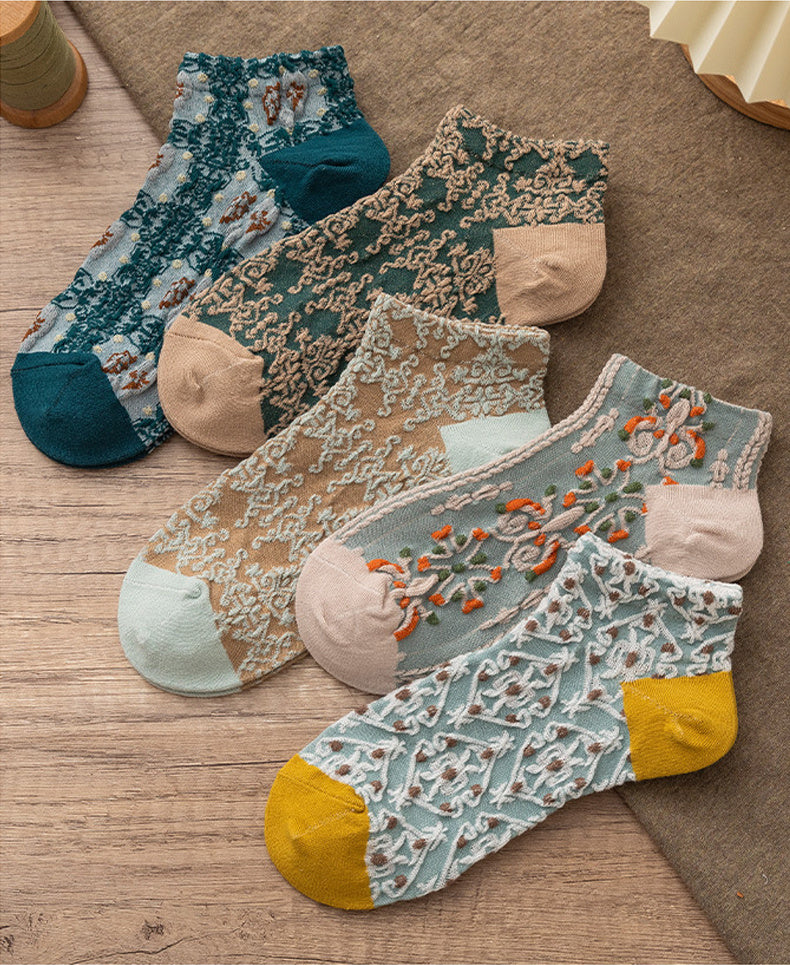 5 Pairs Vintage Court Style Short Socks, Cute Japanese Style Flower Geometric 3D Textured Low Cut Ankle Socks