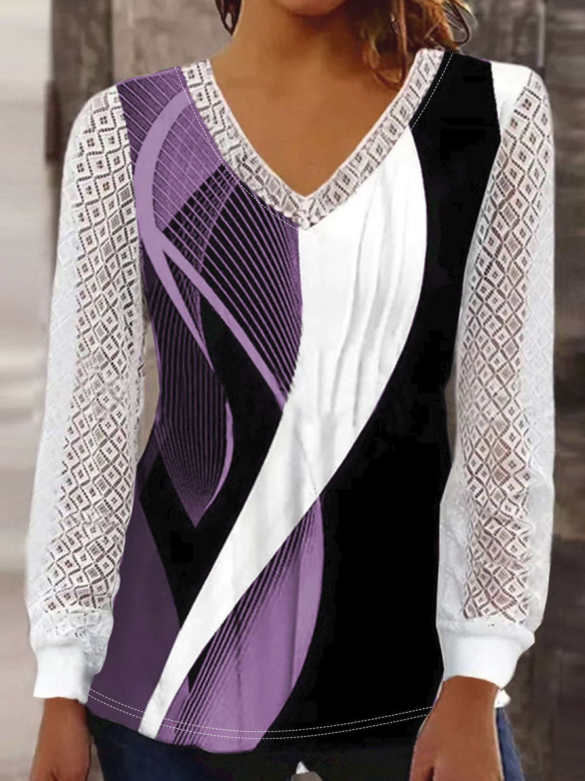 Women's Abstract Stripe Print Contrast Lace Long Sleeve V Neck Top