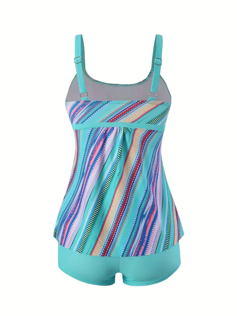 Colorful Digital Pattern Tankini Sets, Boxer Shorts Stretchy Tummy Cover Two Piece Swimsuit