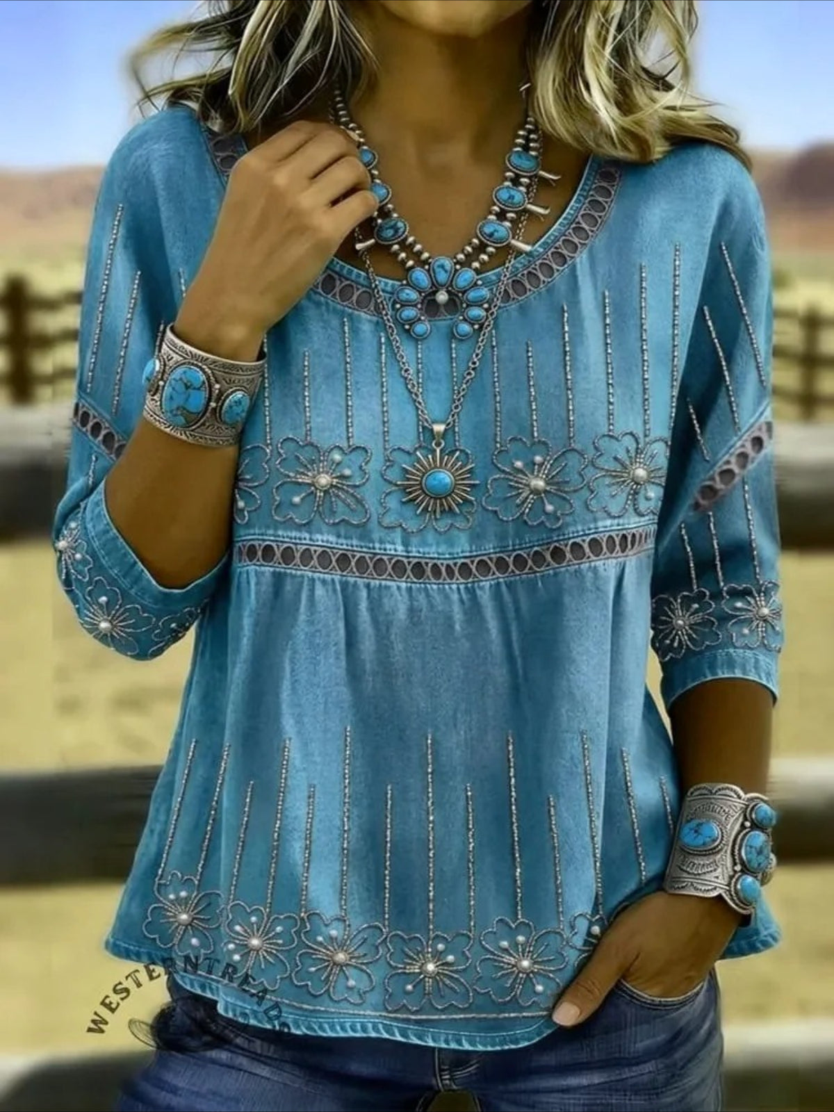 Printed Mid Sleeve Pleated Round Neck Top