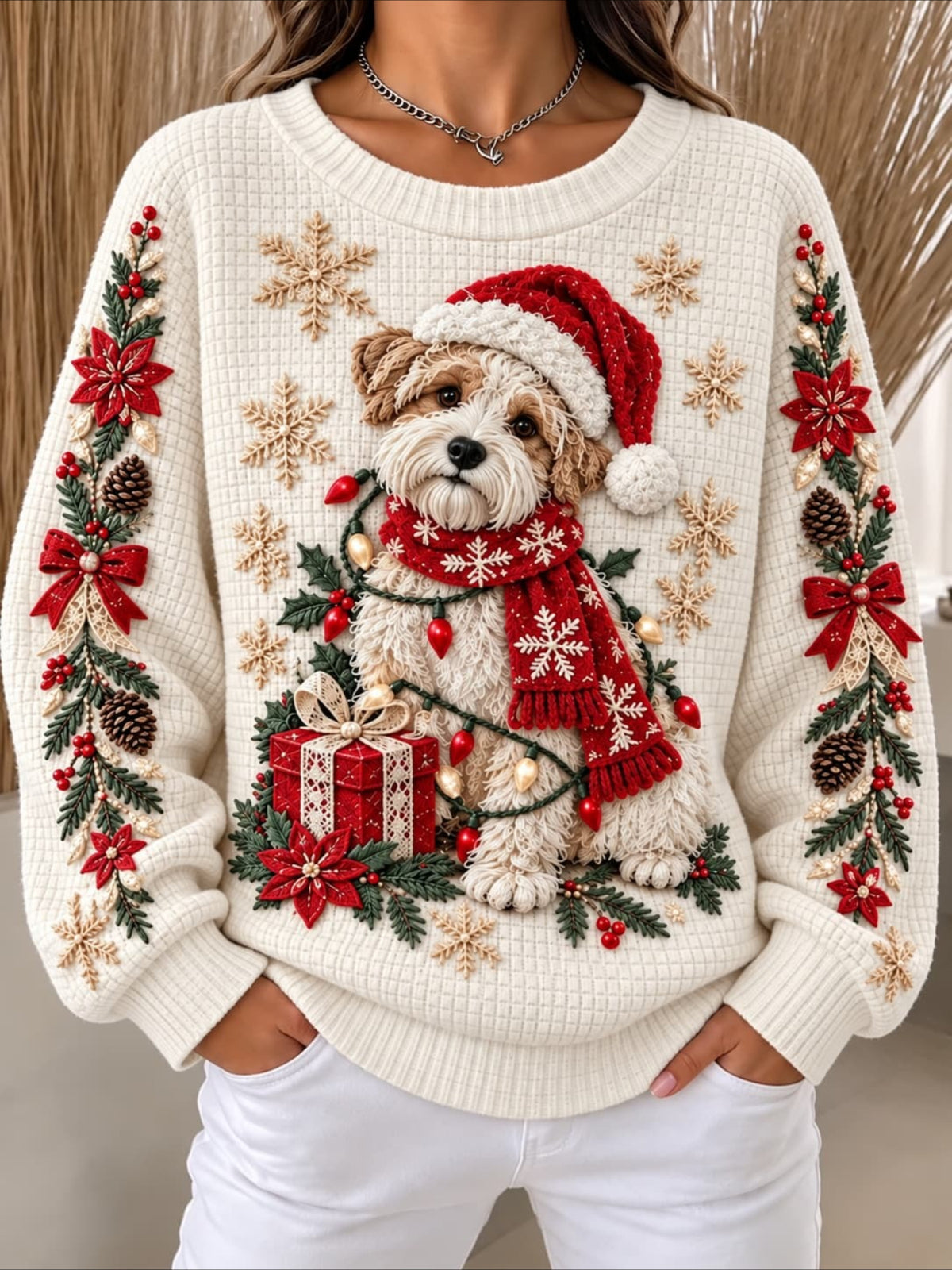 Christmas Dog Print Waffle Knit Sweatshirt