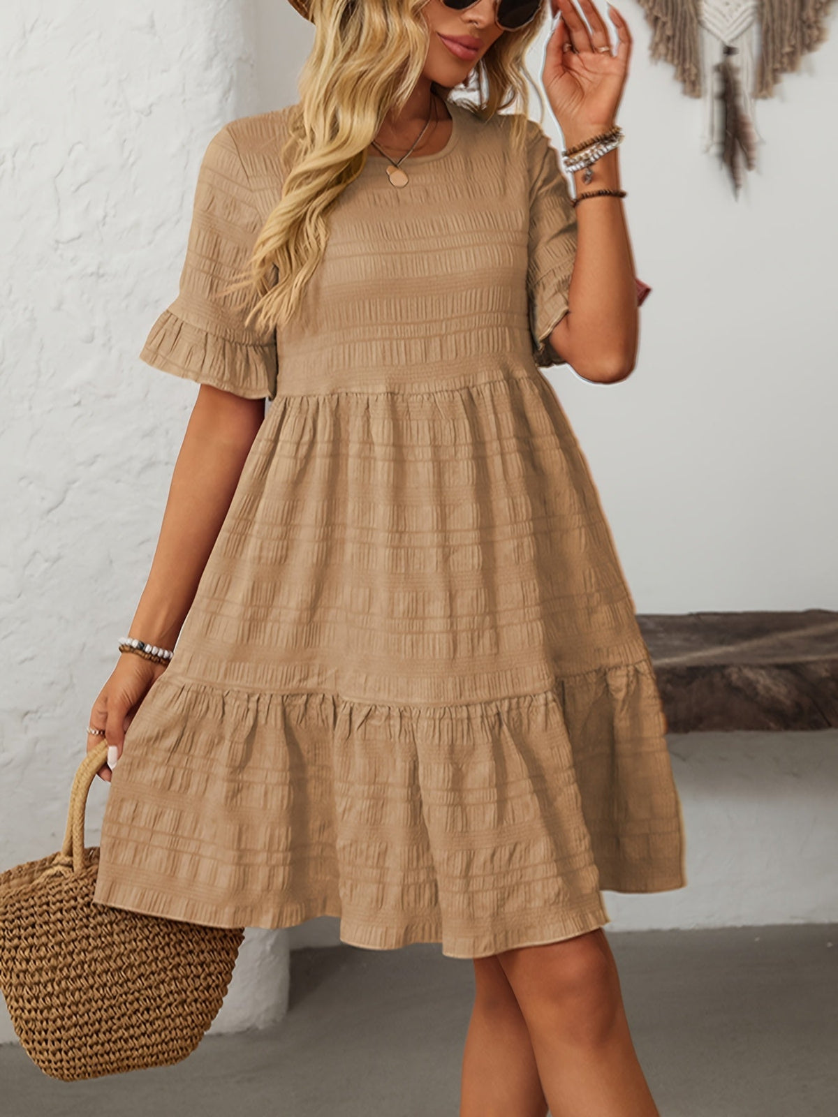 Square Neck Ruffle Detail Knee-Length Casual Short Sleeve Flowy Dress