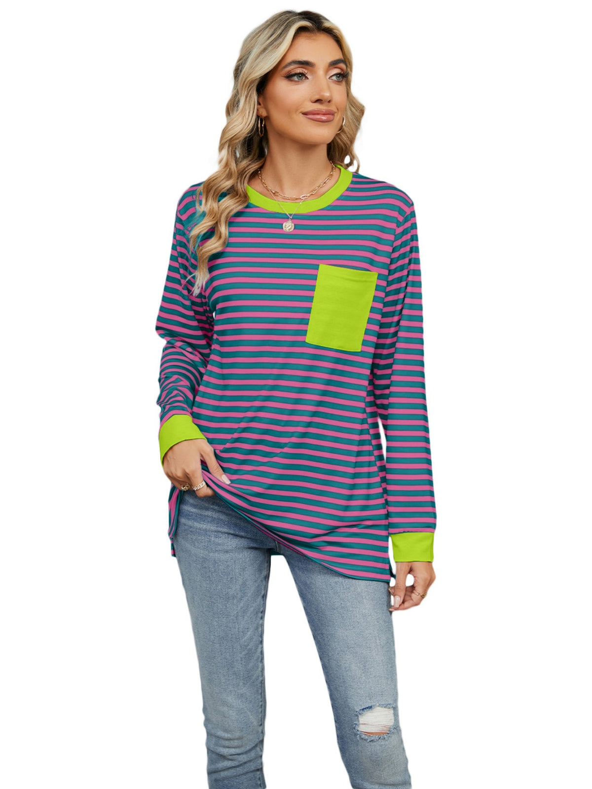 Women's Striped Long Sleeve Shirts Color Block Loose Pullover Tops Crew Neck Casual Blouse Sweatshirts Fall Outfits