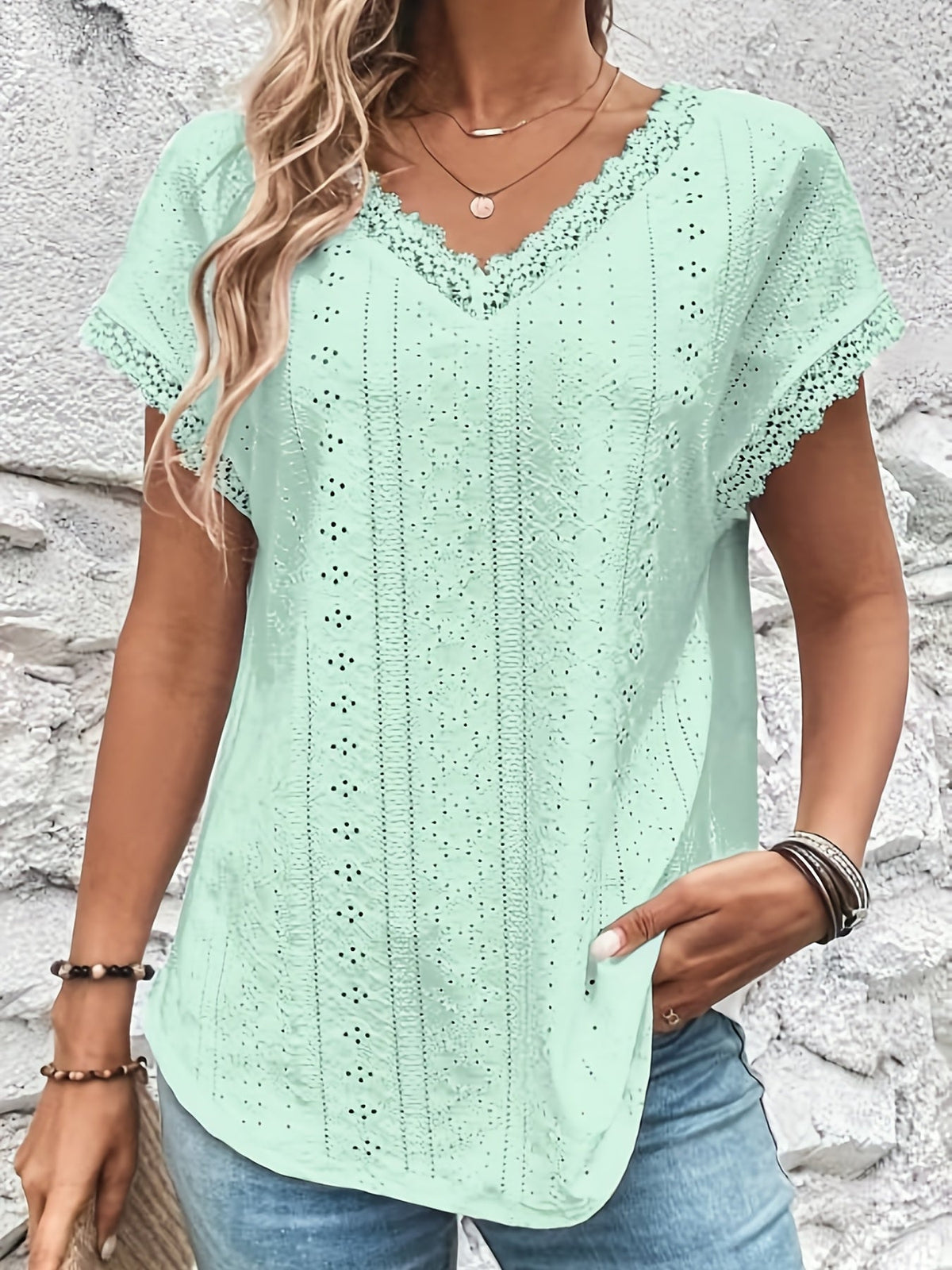 Elegant T-shirt, Women's Eyelet Embroidery Contrast Lace Trim V Neck Short Sleeve Slight Stretch T-shirt
