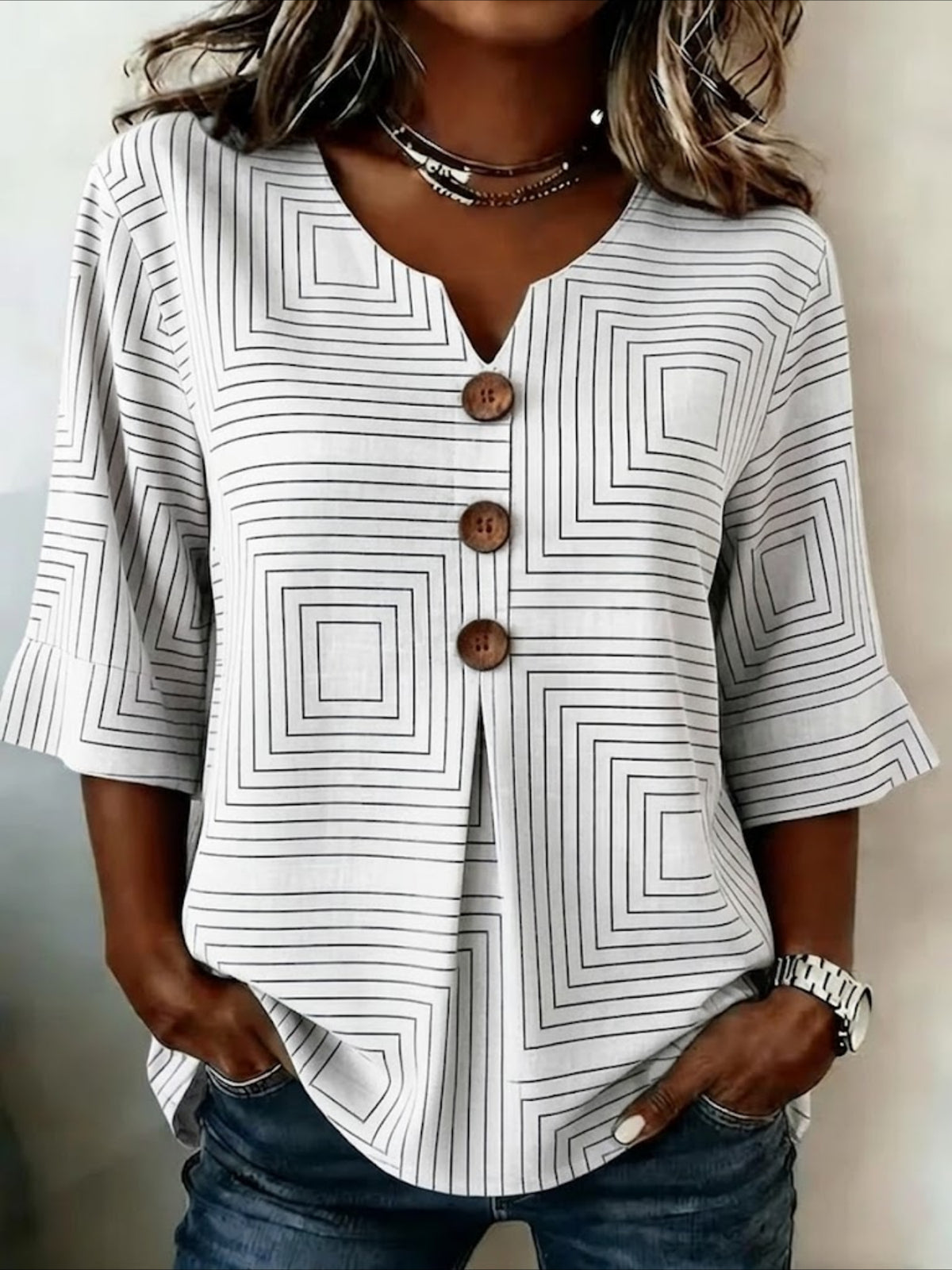 Striped V Neck Button Short Ruffle Sleeve Casual Top