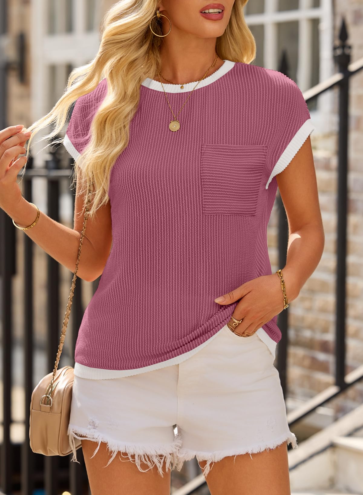 Coral Jacquard Short Sleeve Round Neck T Shirt