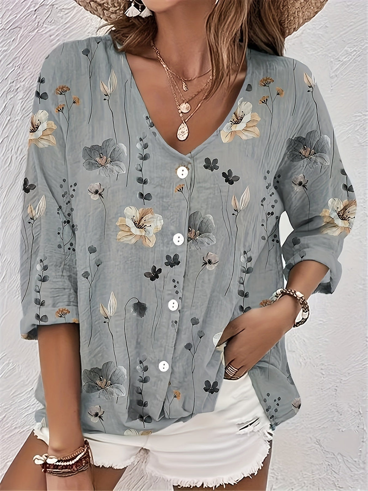 Women's Floral Print Button Up Half Sleeve V Neck Top