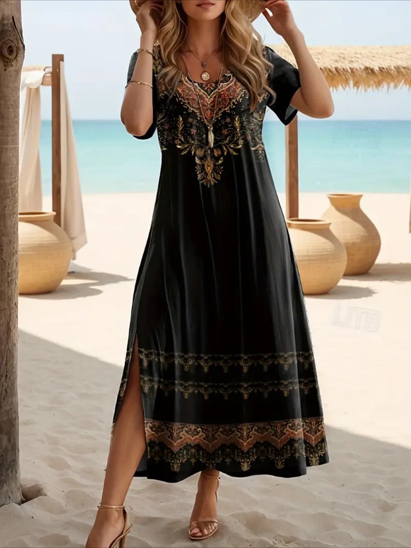 Vibrant Tribal Print A-Line Crew Neck Dress - Women's Casual Long Sleeve Split Hem Ankle Length Dresses