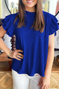 Dark Blue Solid Color Textured Ruffle Trim Short Sleeve Blouse