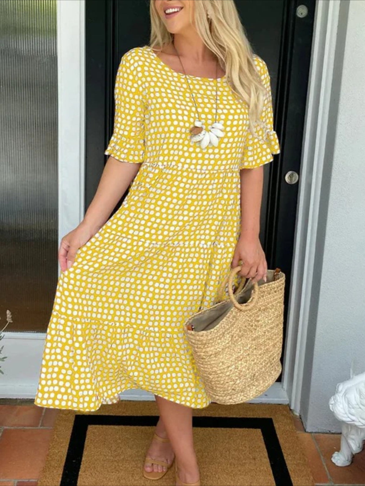 Round Neck Print Short Sleeve Maxi Dress