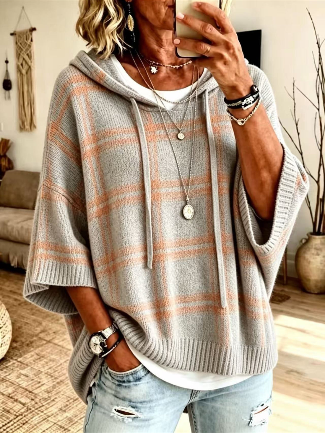 Plaid Hooded Knit Poncho Sweater with Drawstring